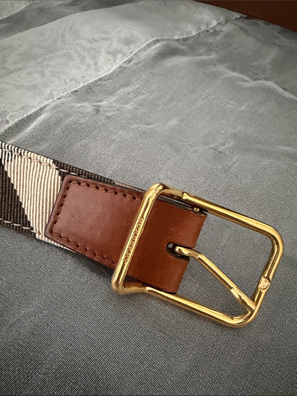 Burberry Brown Leather & Canvas Belt with Gold Buckle - Picture 3 of 8